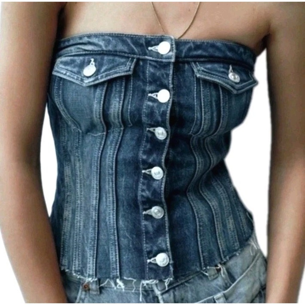 Zara Denim Corset Top‎ Womens Size L Cotton Blend NWOT Button Front Fringe